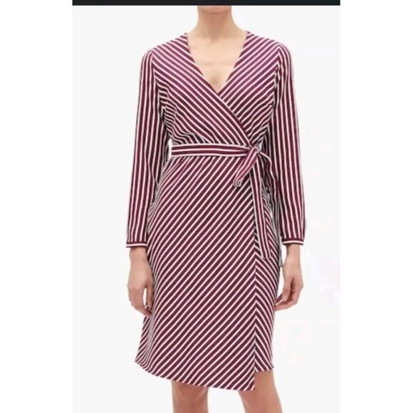 Banana Republic Burgundy White Stripe Long Sleeve Wrap Dress Sz 6 - Picture 1 of 9